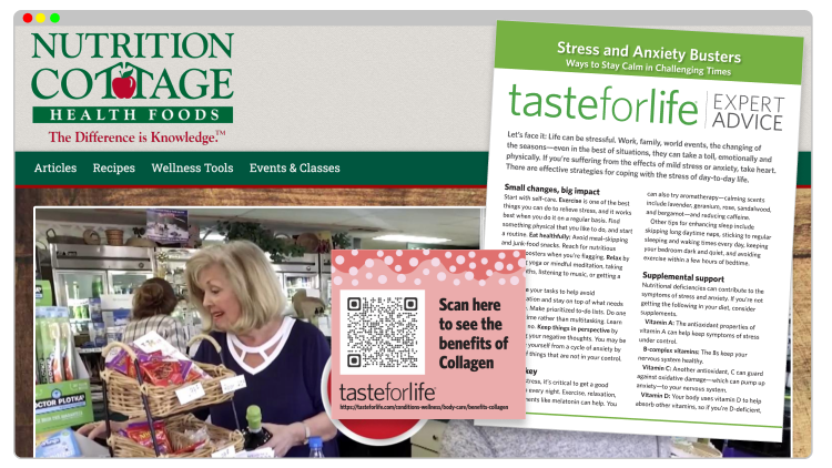 Composite of custom website, QR code shelf tag, and topical expert advice sheet