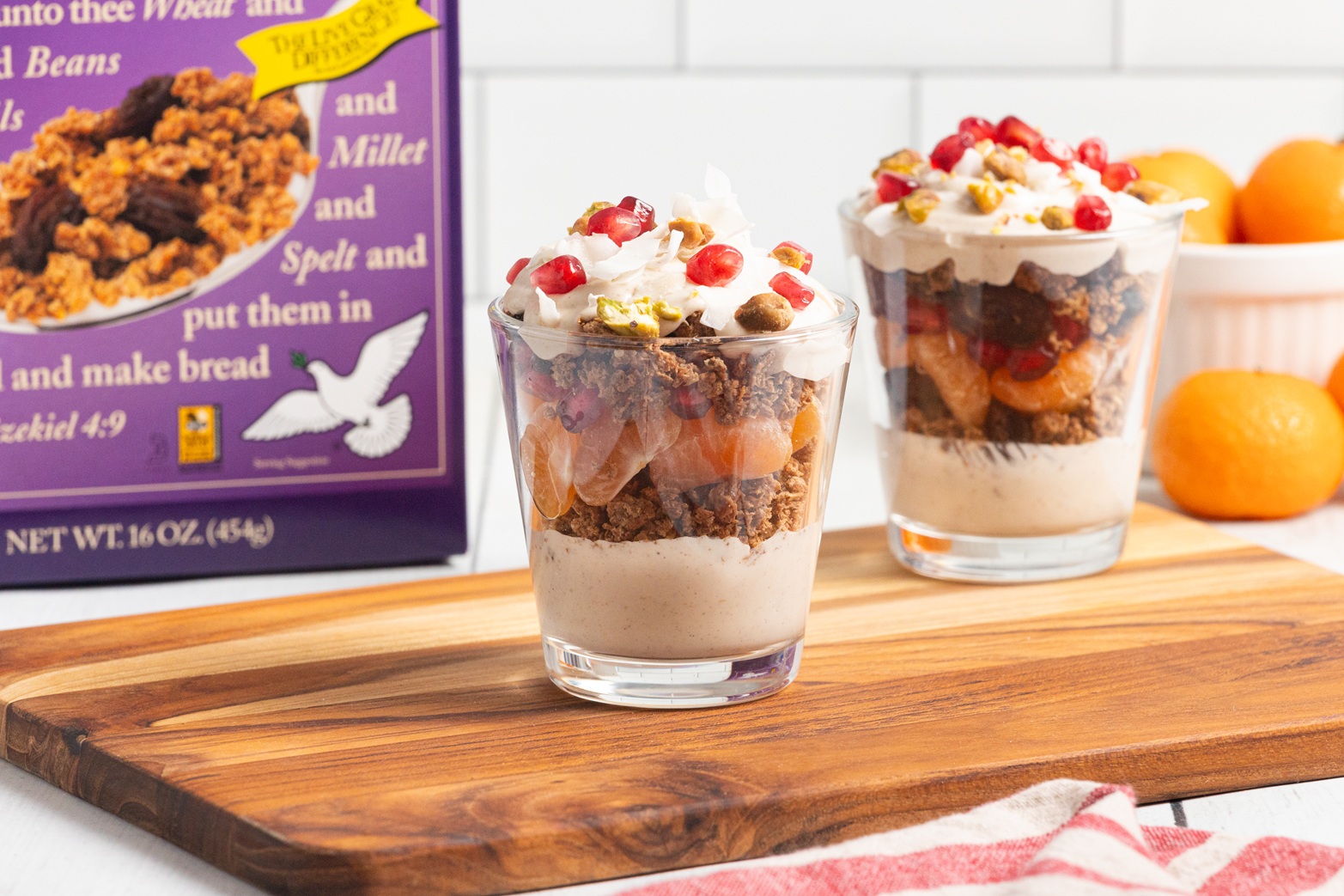 Yogurt Parfait on wooden cutting board