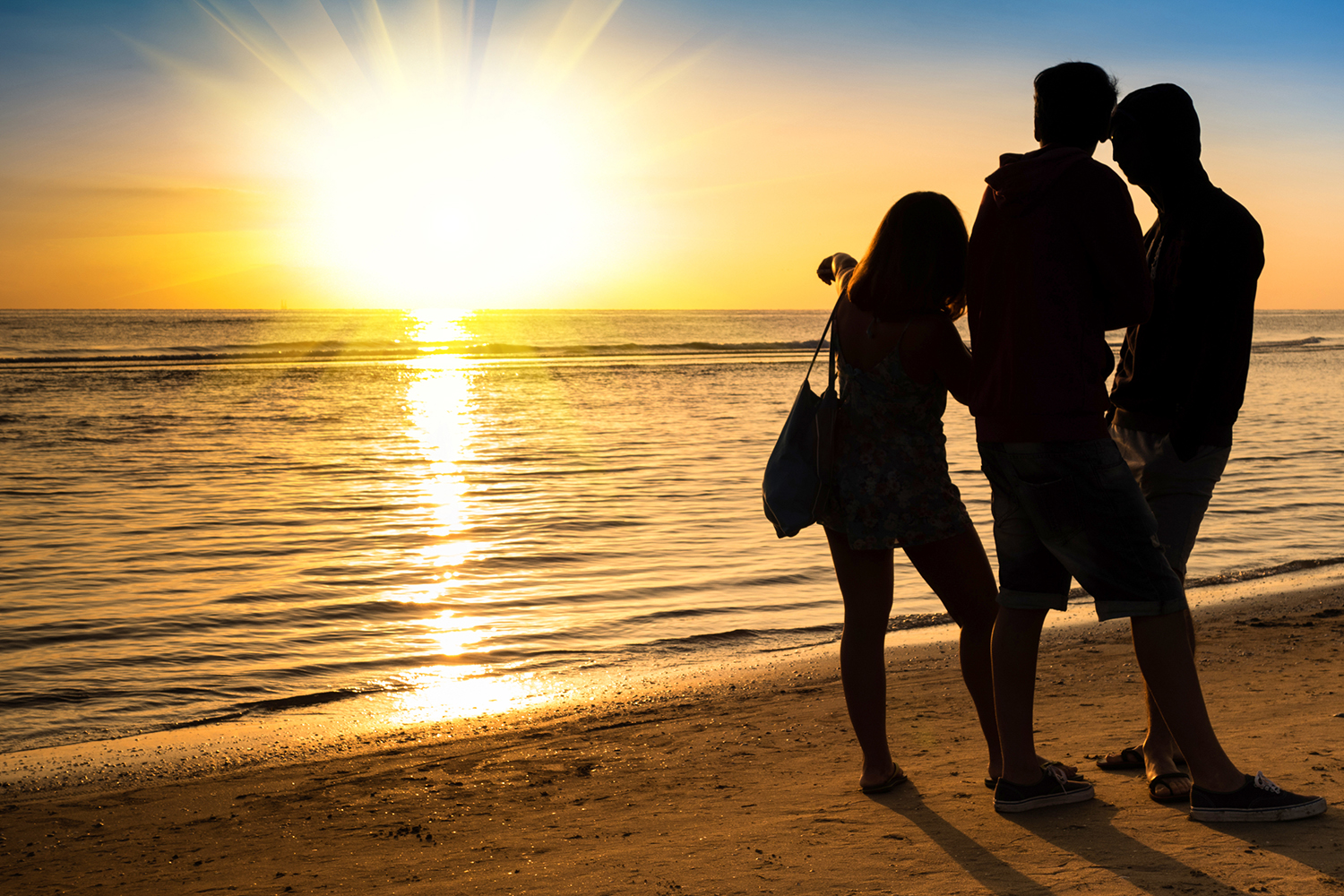 a group of friends watching a sunset on the beach
