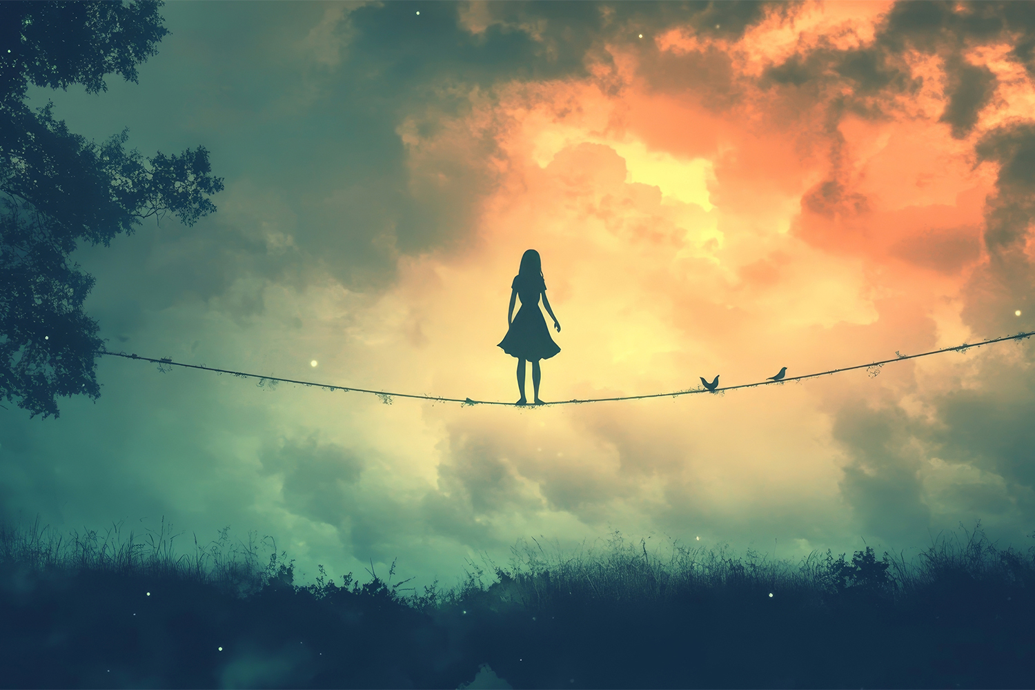 a young woman standing on a high-wire with birds