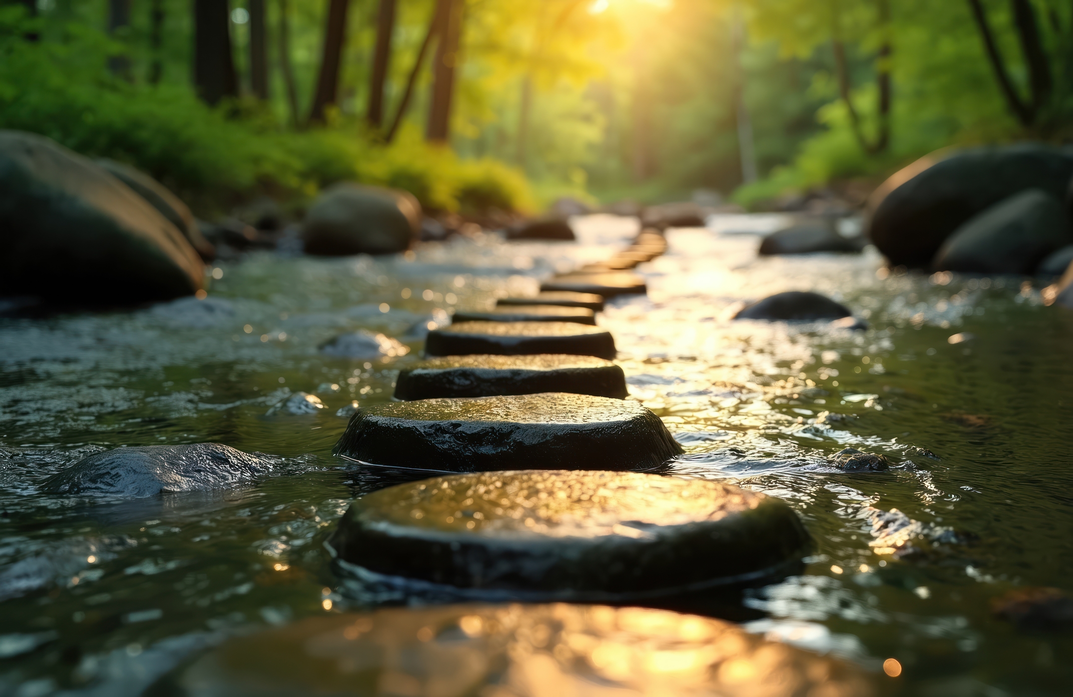Smooth rocks in a river leading into the distant woods.