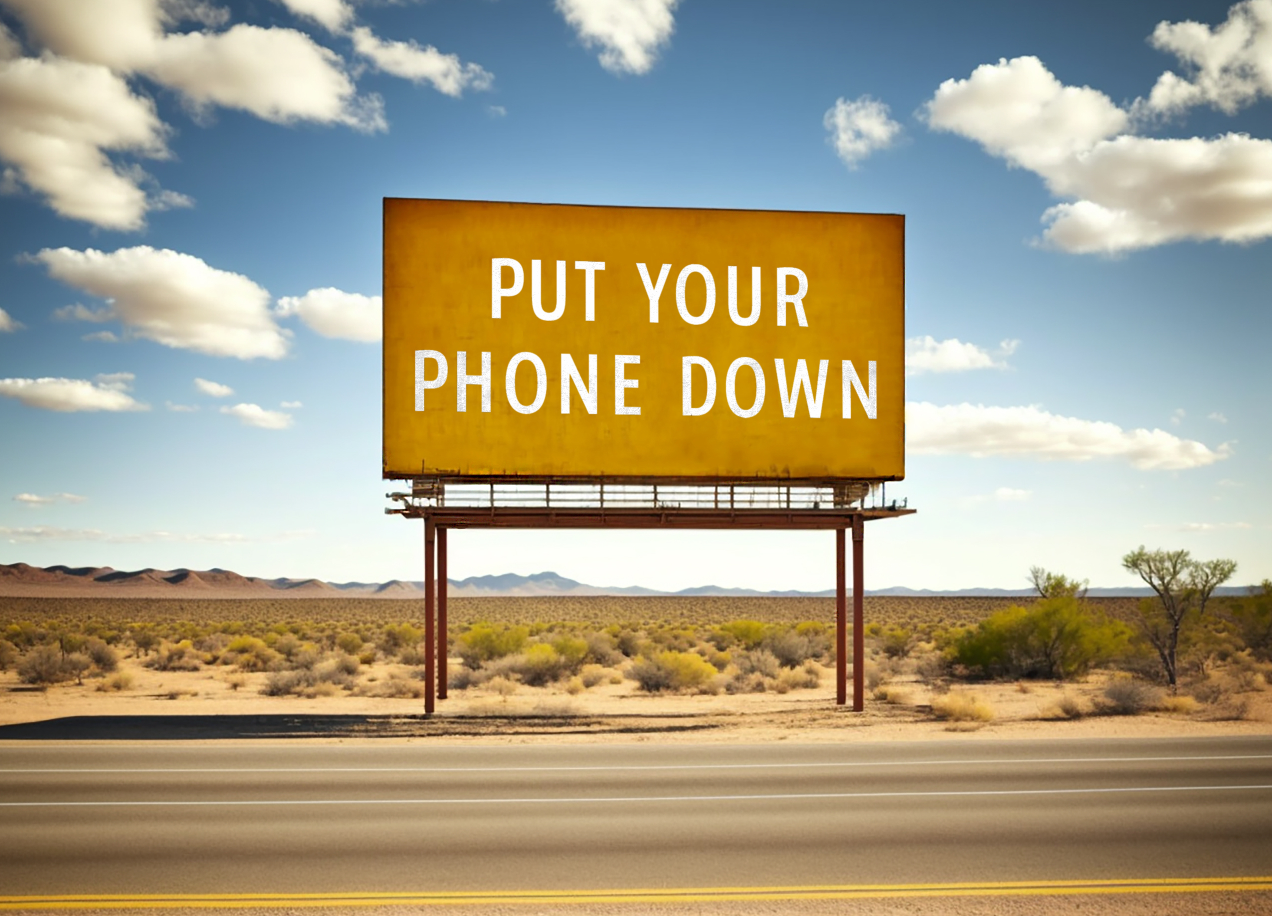 Billboard in the desert that says "Put your phone down."