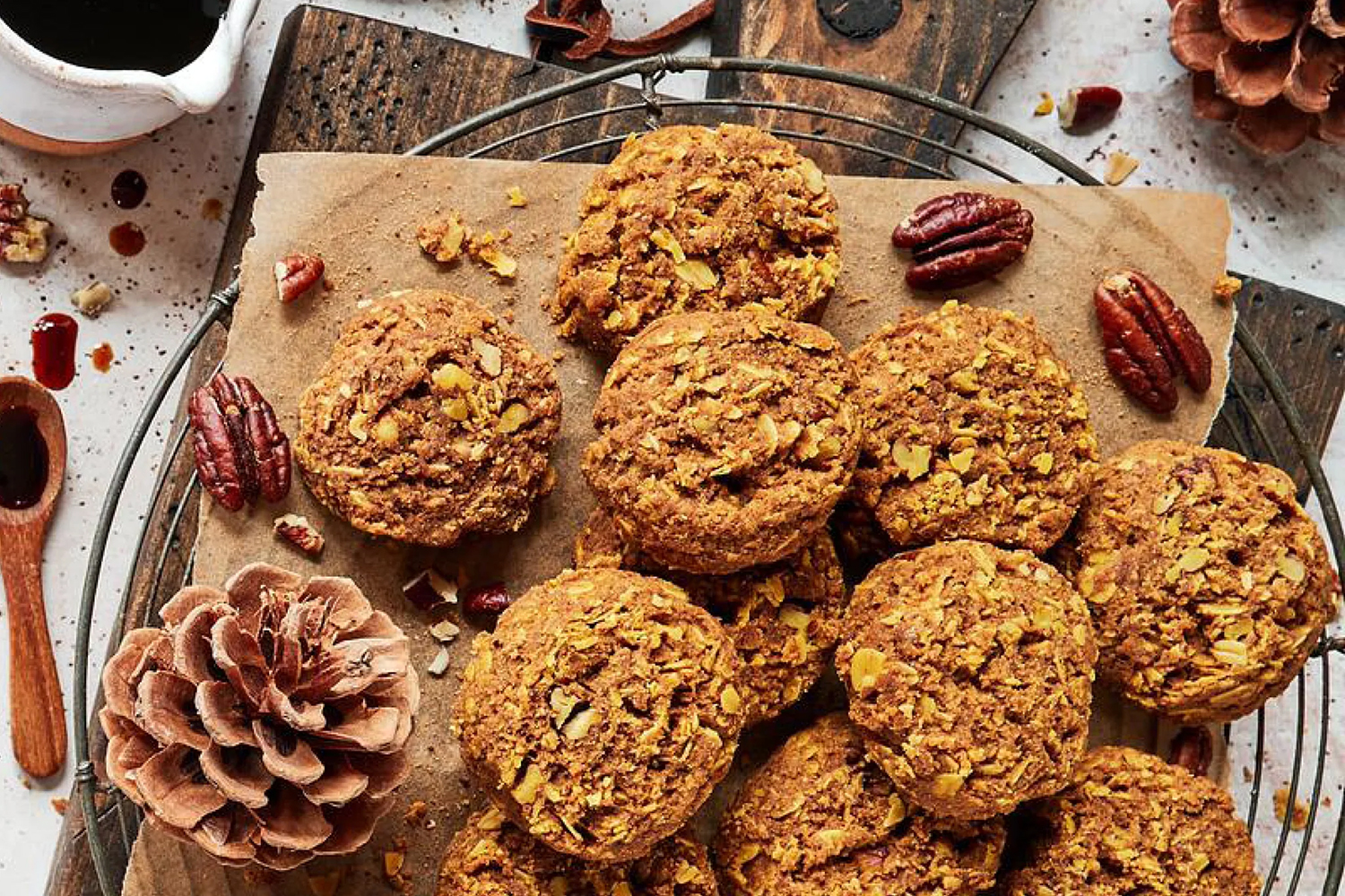 a plate of crispy pumpkin-pecan cookies