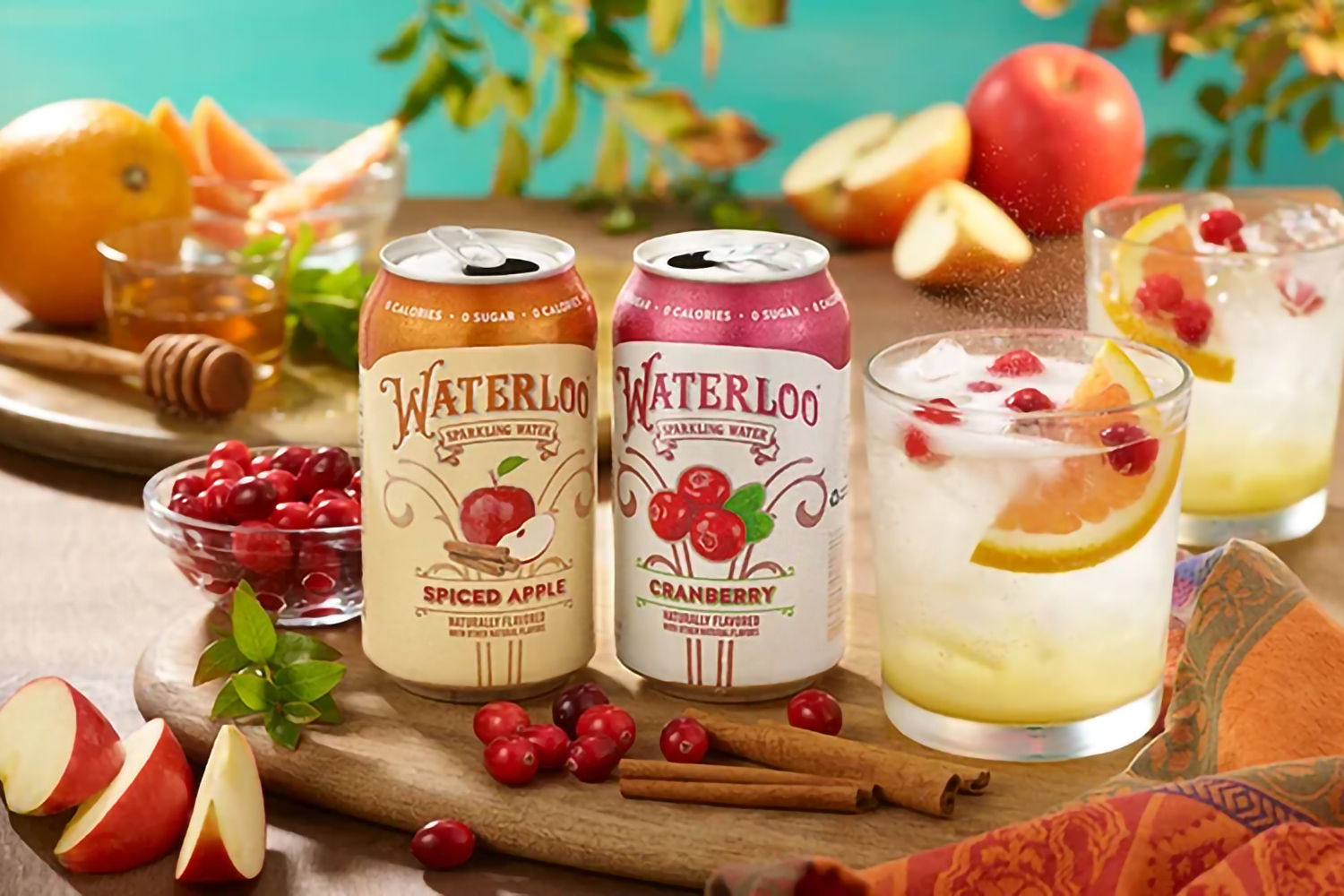 two cans of Waterloo sparking water, used in a mocktail