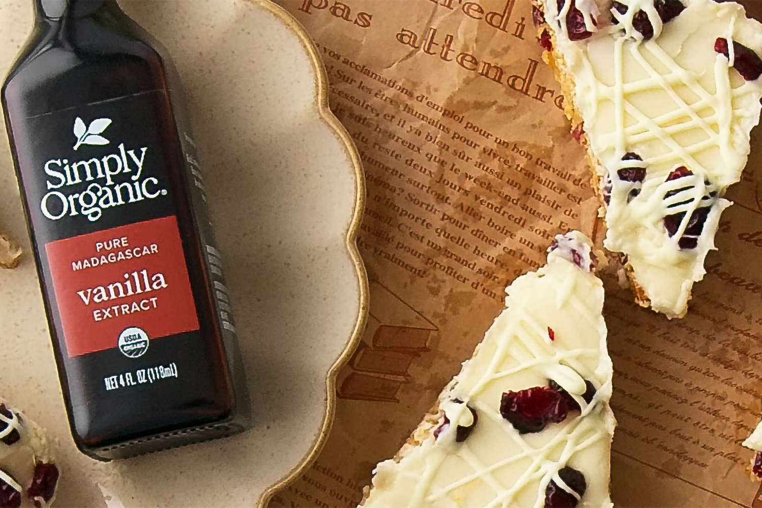 cranberry cookie bars and a bottle of vanilla extract