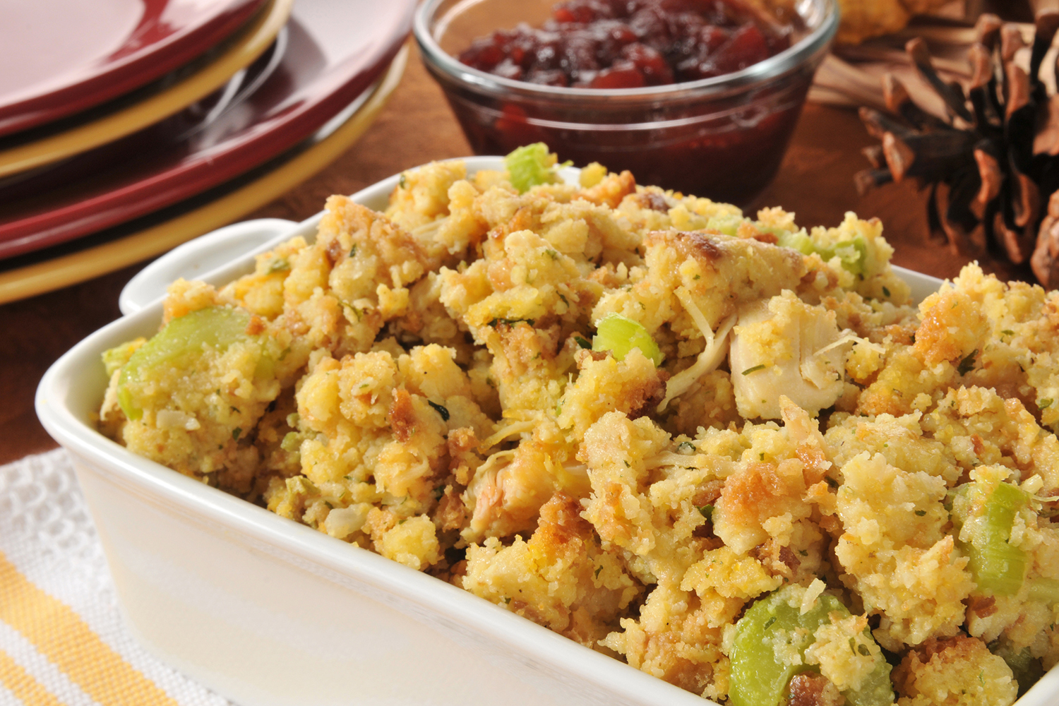 a heaping dish of cornbread stuffing