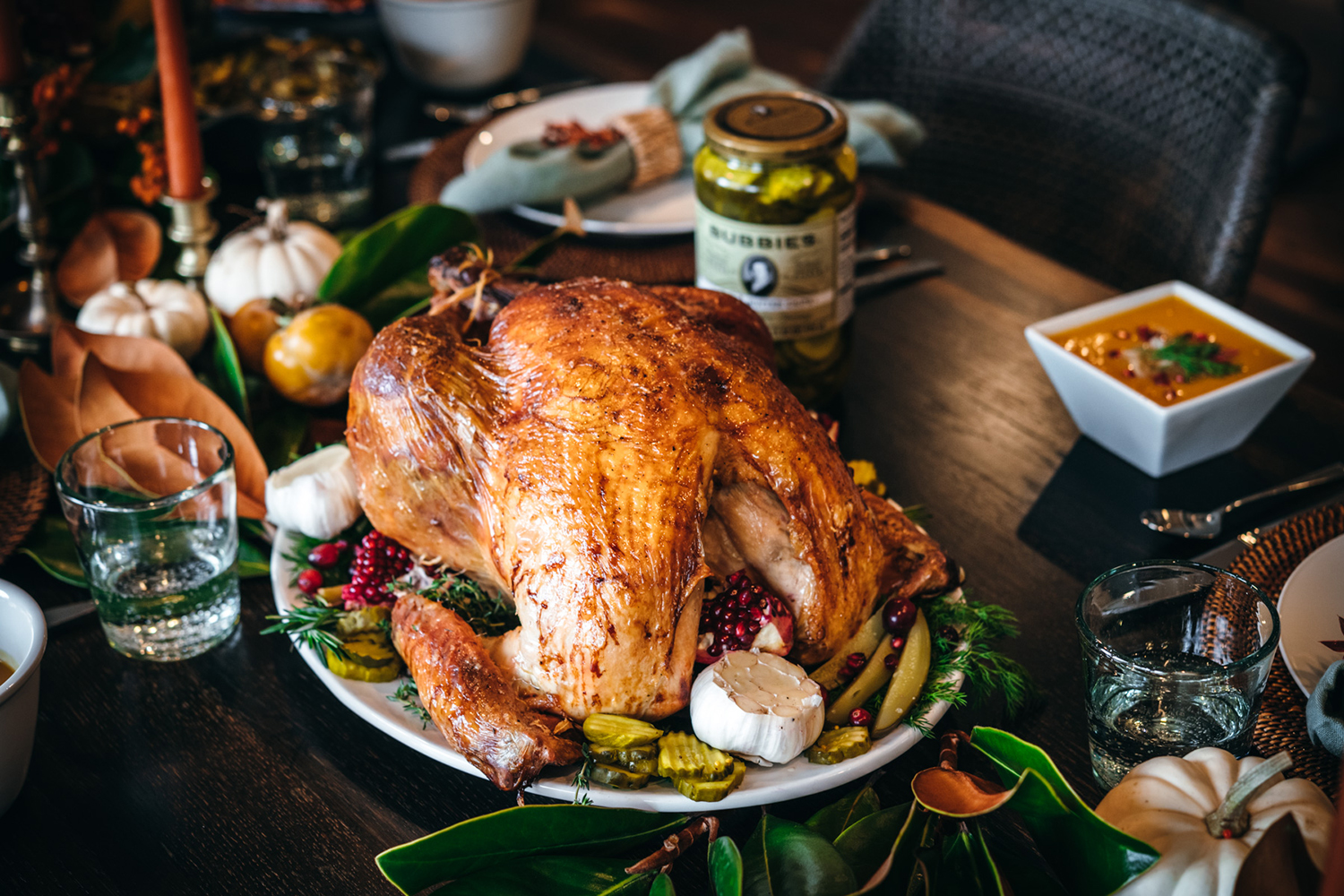 a roast turkey and a jar of pickles