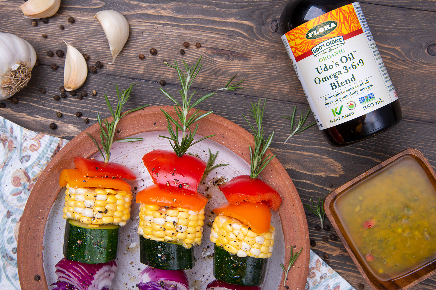 grilled veggies skewered on rosemary springs