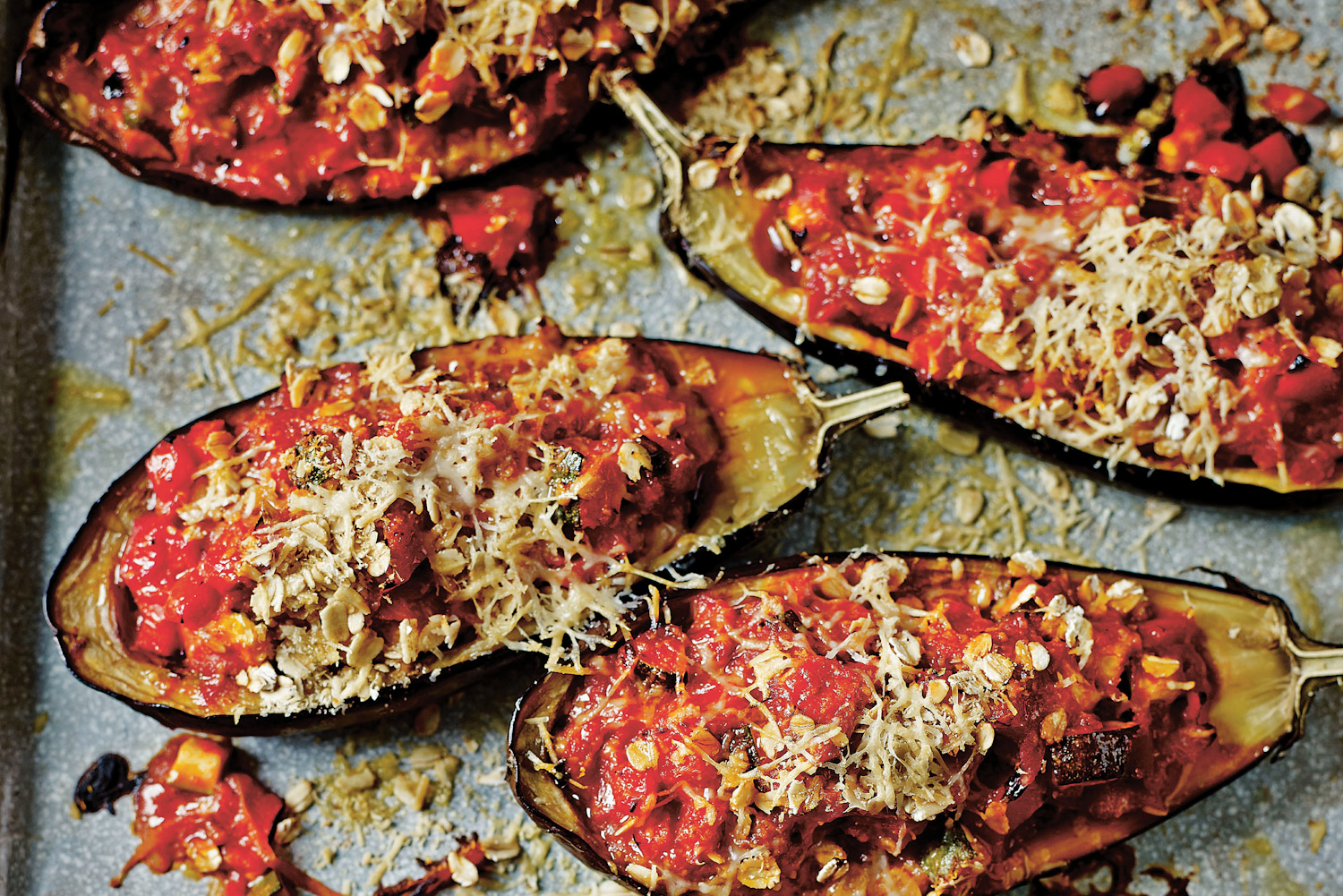Stuffed eggplant on a baking sheet.