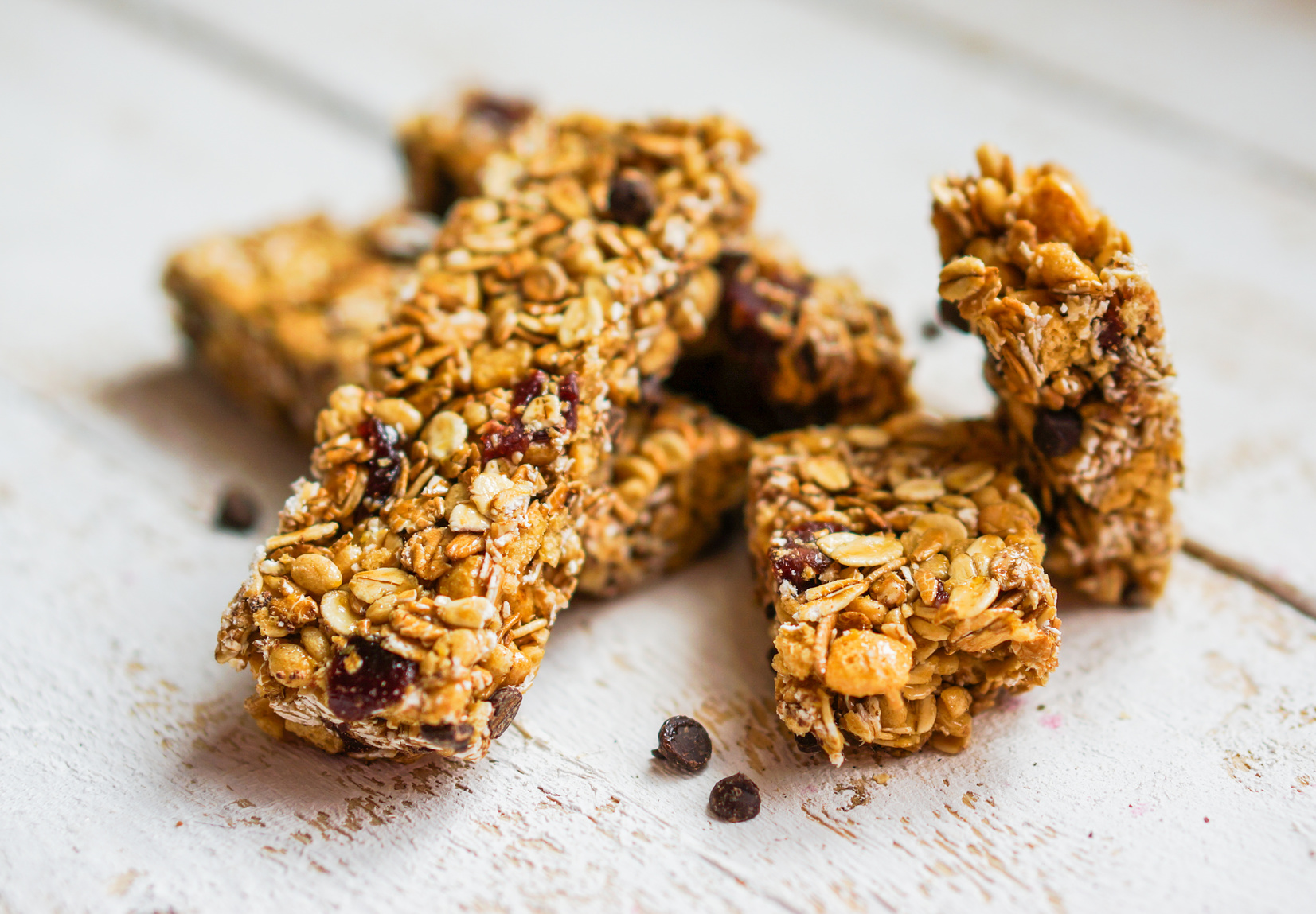Granola bars with oats, seeds, and chocolate chips