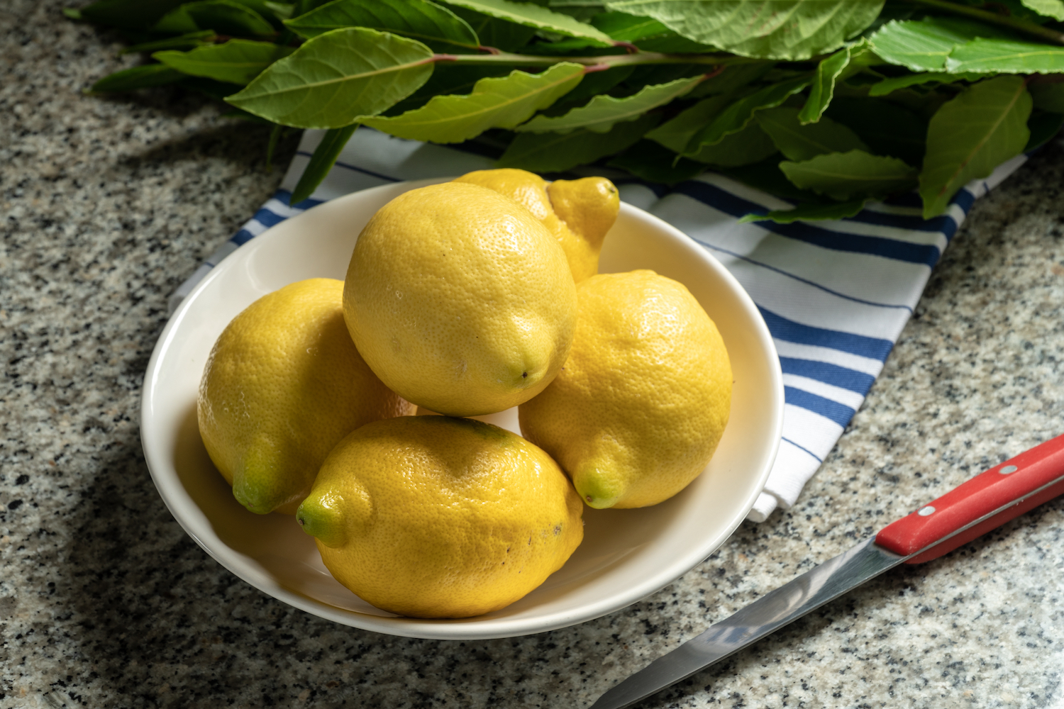 Bowl of lemons and bay leaves