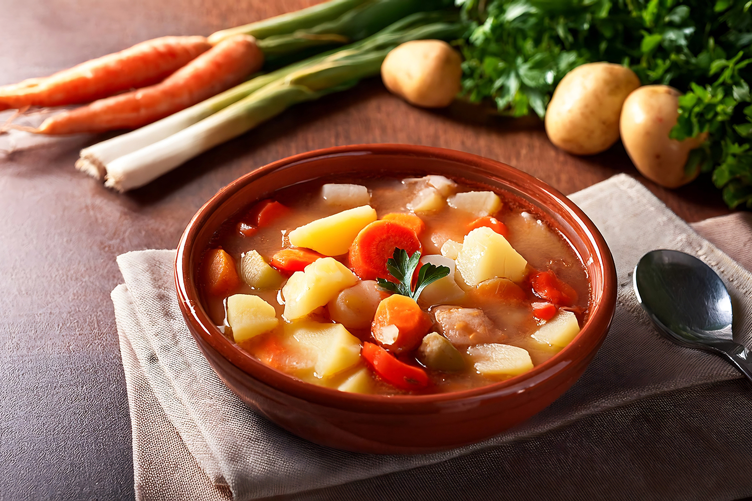 a bowl of soup with carrots, potatoes, and onions