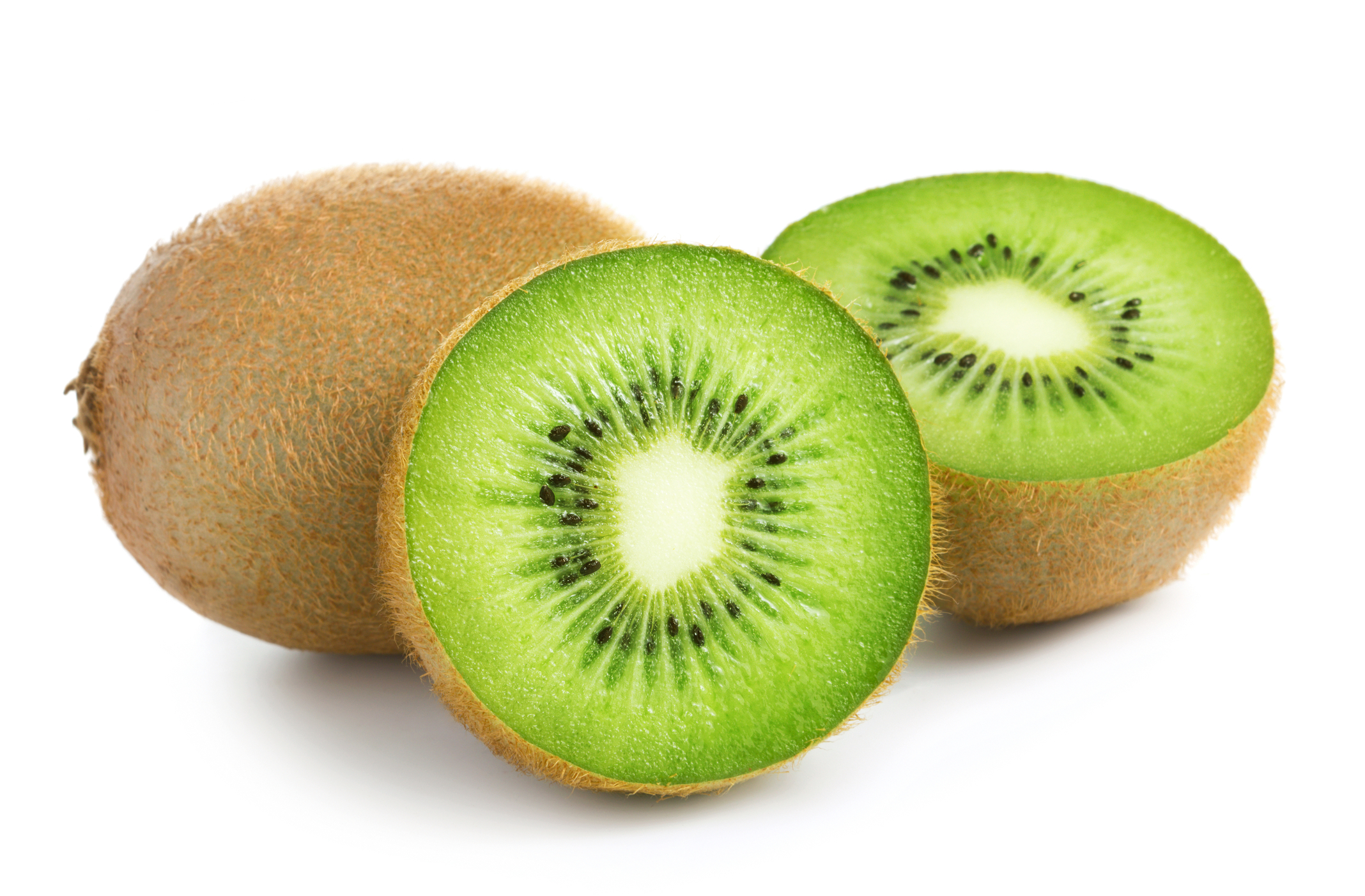 One kiwi cut in half and another whole. 