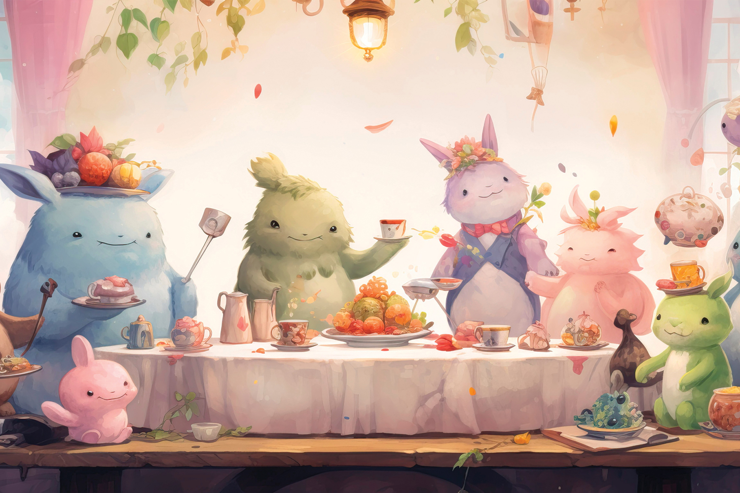 friendly monsters sharing a feast