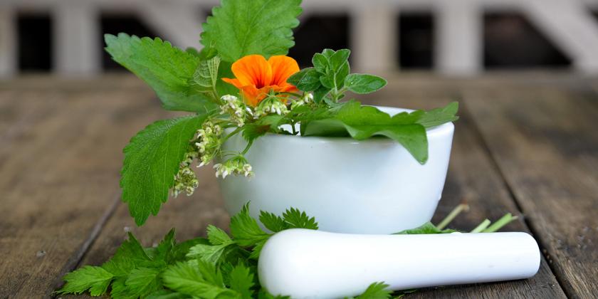 fresh herbs in a mortar and pestle