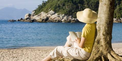 a woman reading, sitting against a tree on the beach