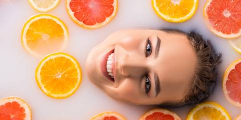 a woman in a bath with soda, salt, and citrus