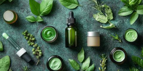 bakuchiol skin-care products surrounded by fresh greenery
