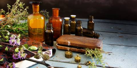 Bitter herbs, scissors and apothecary bottles