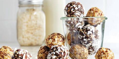 A jar of chocolate snack balls