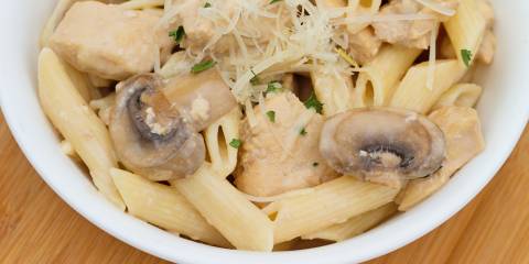 A plate of chicken marsala with mushrooms