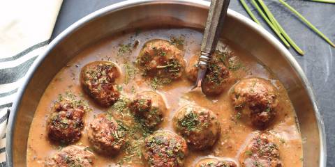 Lighter Swedish Meatballs in a pan ready to serve.