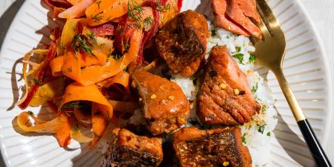 chunks of glazed and baked salmon