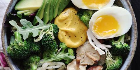 A dollop of homemade dressing on a power bowl