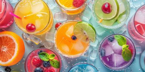 an array of various non-alchoholic mocktails and juices