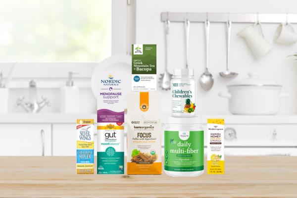 a selection of products for gut health, focus, and women's health