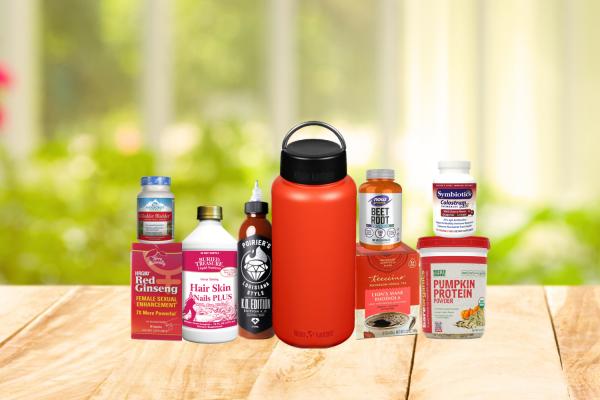 a variety of all-natural supplements, a canteen, and some BBQ sauce