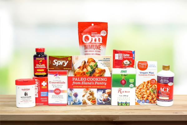 A selection of all-natural supplements, body-care products, and food